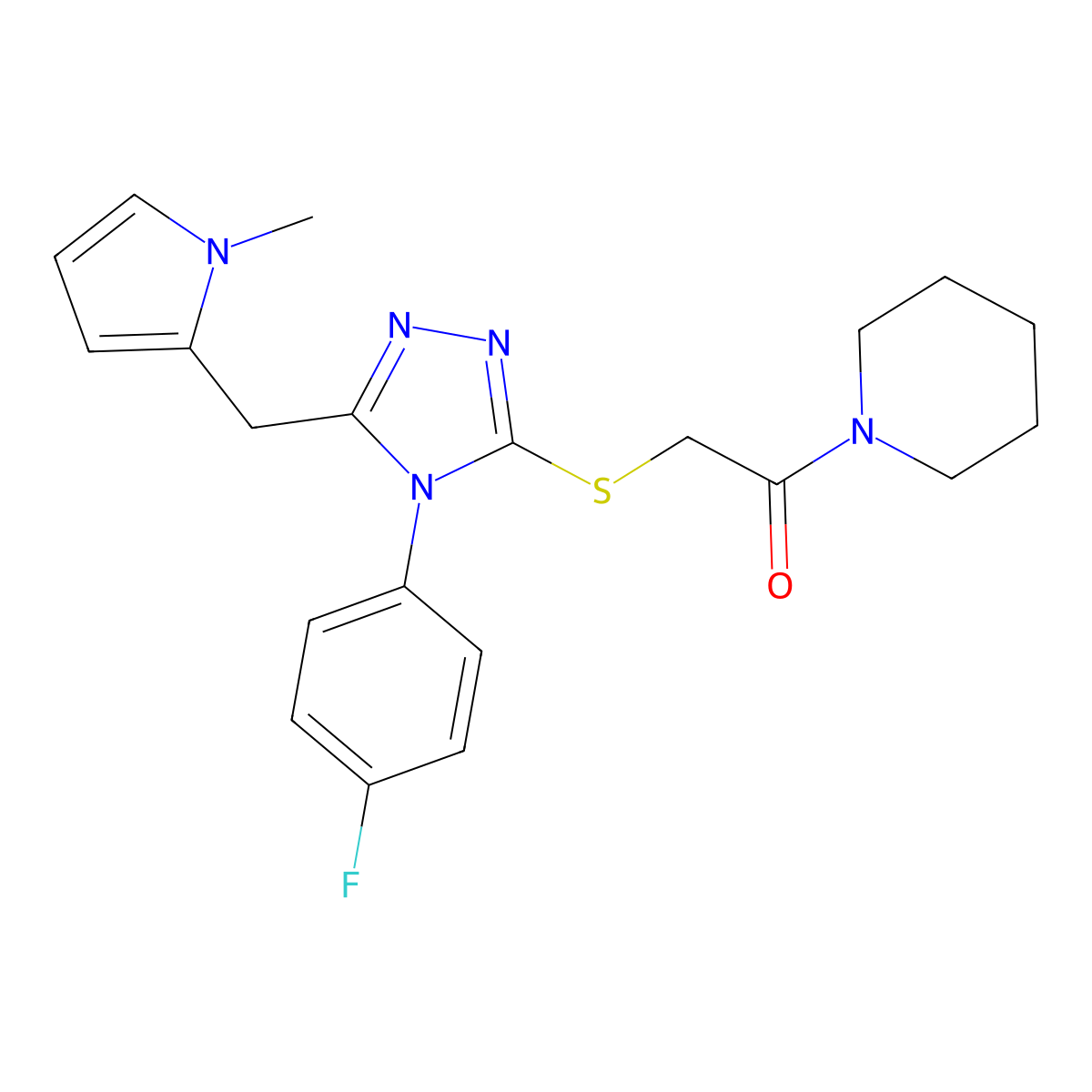 2-[[4-(4-Fluorophenyl)-5-[(1-methylpyrrol-2-yl)methyl]-1,2,4-triazol-3-yl]sulfanyl]-1-piperidin-1-ylethanone molecular structure, CAS 847393-52-6