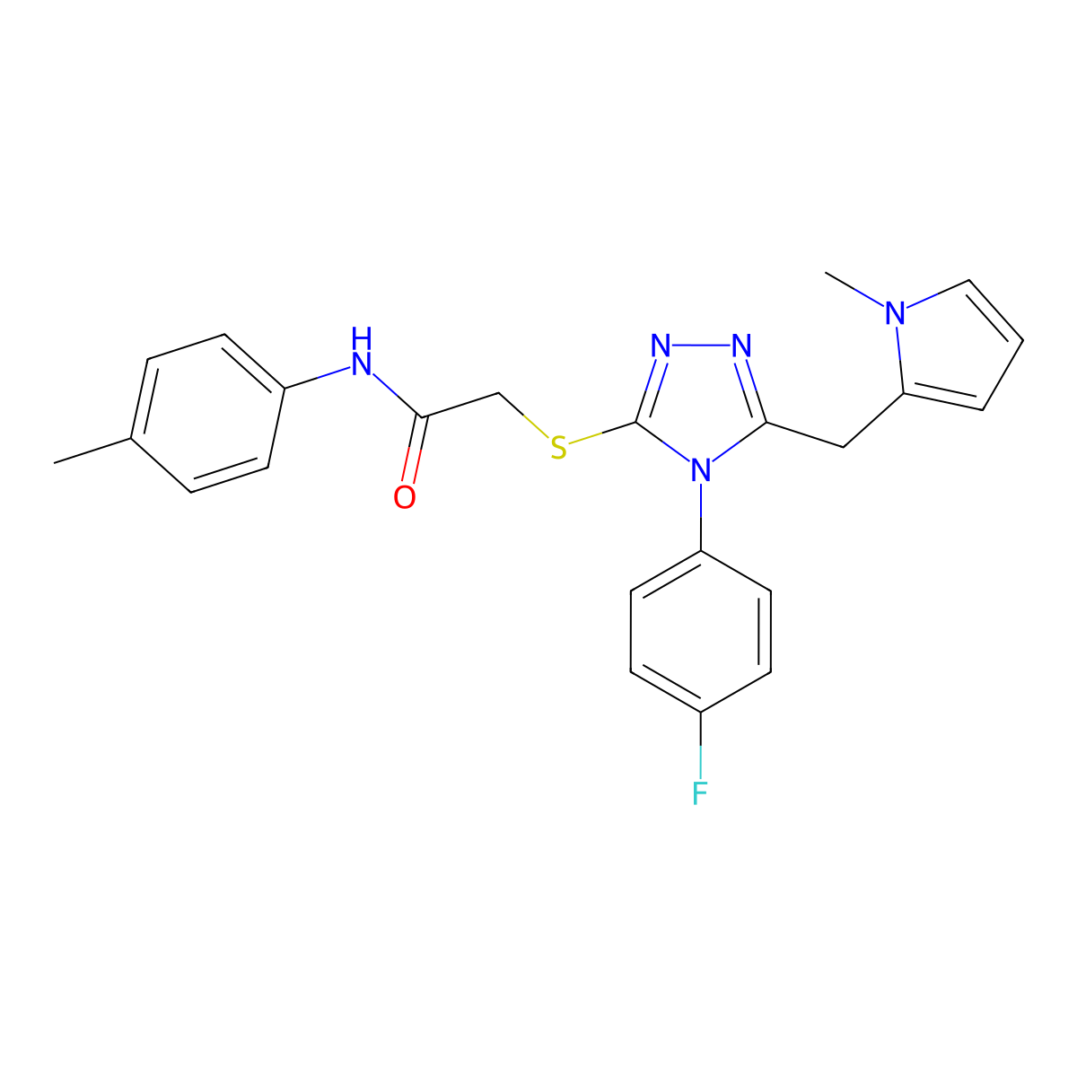 2-[[4-(4-fluorophenyl)-5-[(1-methylpyrrol-2-yl)methyl]-1,2,4-triazol-3-yl]sulfanyl]-N-(4-methylphenyl)acetamide molecular structure, CAS 847393-64-0