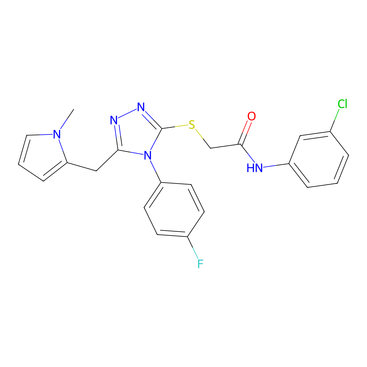 N-(3-chlorophenyl)-2-[[4-(4-fluorophenyl)-5-[(1-methylpyrrol-2-yl)methyl]-1,2,4-triazol-3-yl]sulfanyl]acetamide molecular structure, CAS 847393-75-3