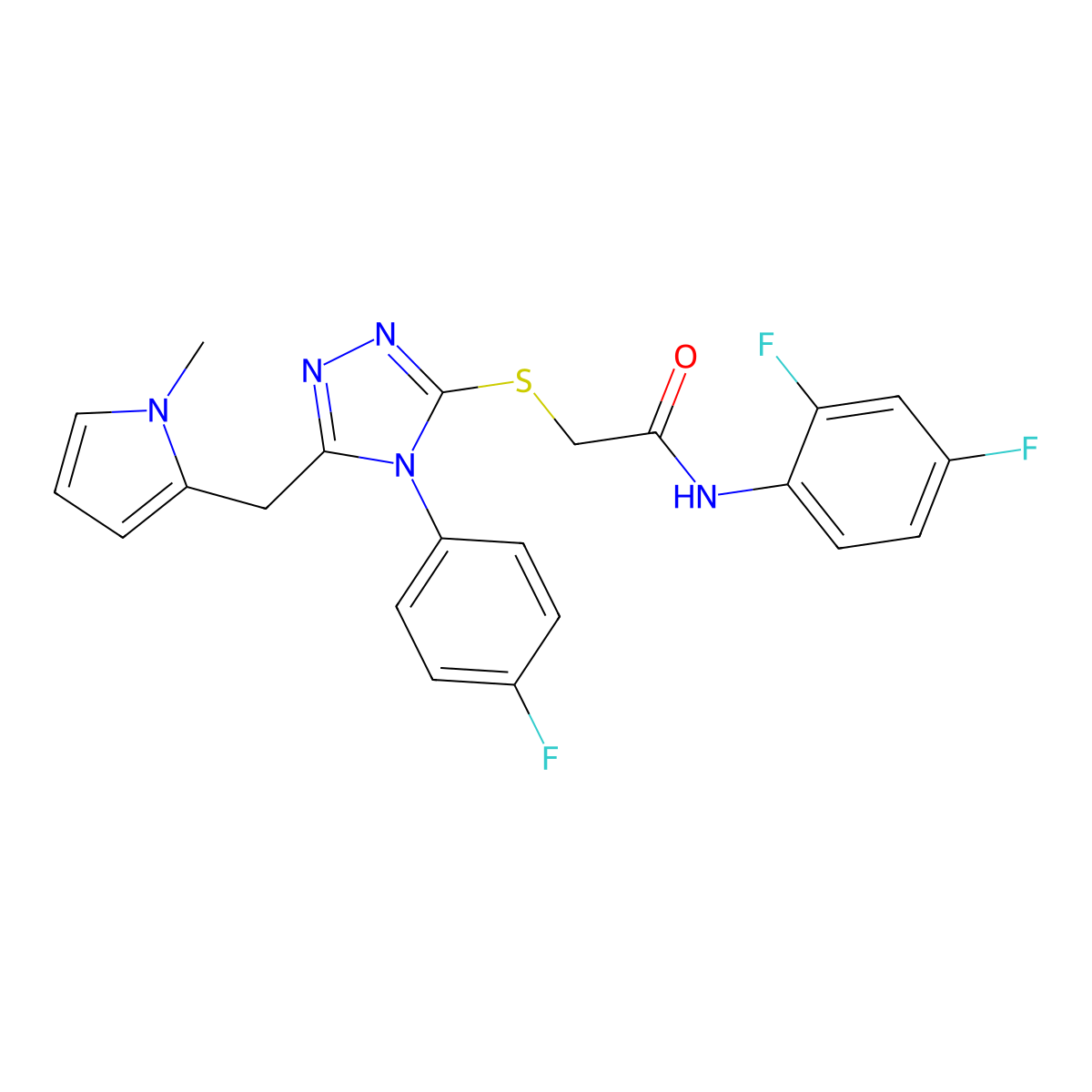 N-(2,4-difluorophenyl)-2-[[4-(4-fluorophenyl)-5-[(1-methylpyrrol-2-yl)methyl]-1,2,4-triazol-3-yl]sulfanyl]acetamide molecular structure, CAS 847393-78-6