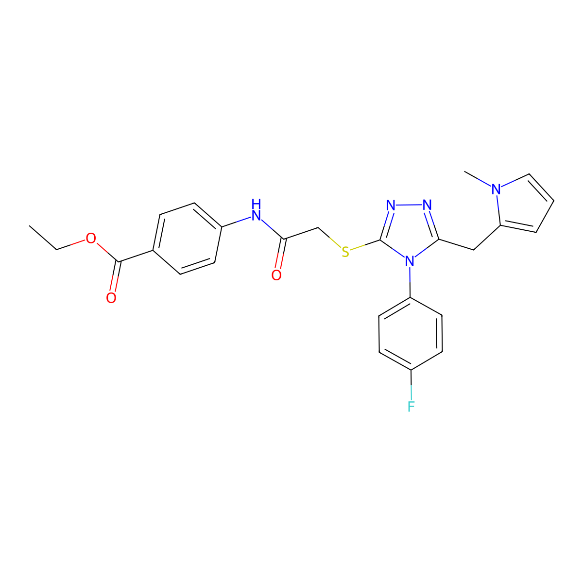 ethyl 4-(2-((4-(4-fluorophenyl)-5-((1-methyl-1H-pyrrol-2-yl)methyl)-4H-1,2,4-triazol-3-yl)thio)acetamido)benzoate molecular structure, CAS 847394-00-7