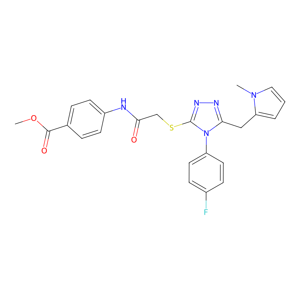 Methyl 4-[[2-[[4-(4-fluorophenyl)-5-[(1-methylpyrrol-2-yl)methyl]-1,2,4-triazol-3-yl]sulfanyl]acetyl]amino]benzoate molecular structure, CAS 847394-01-8
