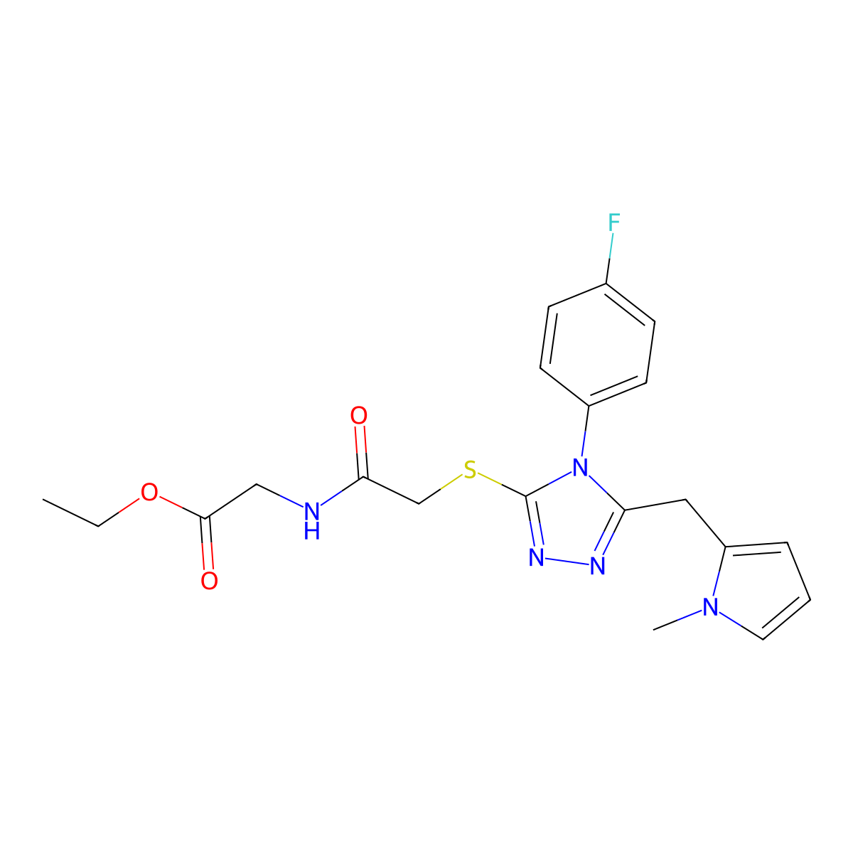 ethyl 2-(2-((4-(4-fluorophenyl)-5-((1-methyl-1H-pyrrol-2-yl)methyl)-4H-1,2,4-triazol-3-yl)thio)acetamido)acetate molecular structure, CAS 847394-07-4