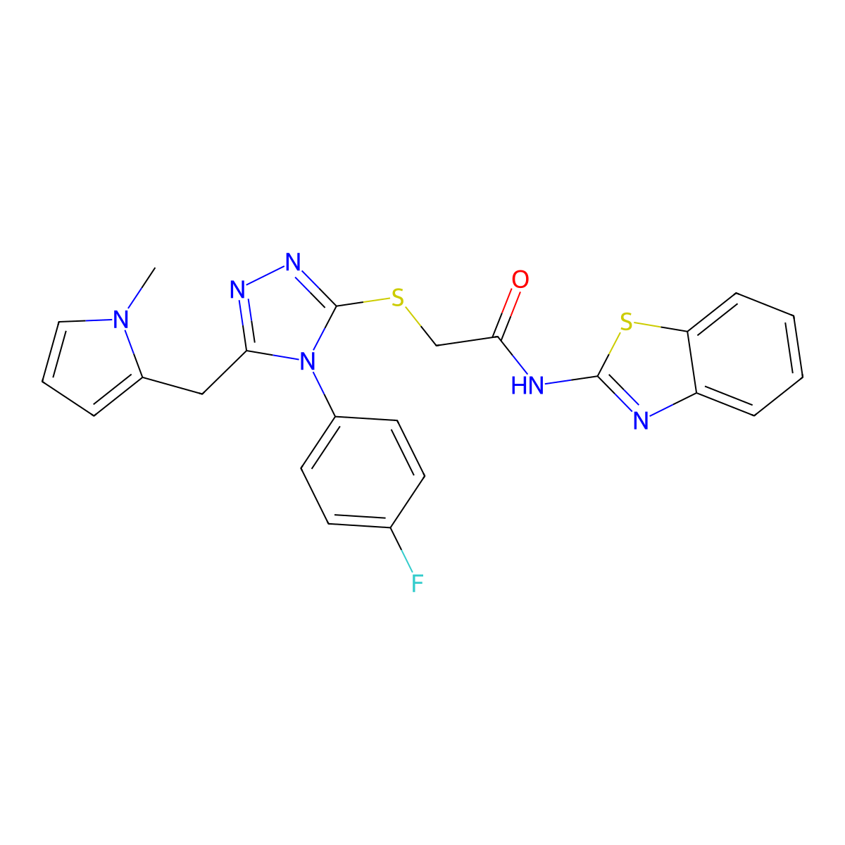N-(benzo[d]thiazol-2-yl)-2-((4-(4-fluorophenyl)-5-((1-methyl-1H-pyrrol-2-yl)methyl)-4H-1,2,4-triazol-3-yl)thio)acetamide molecular structure, CAS 847394-16-5