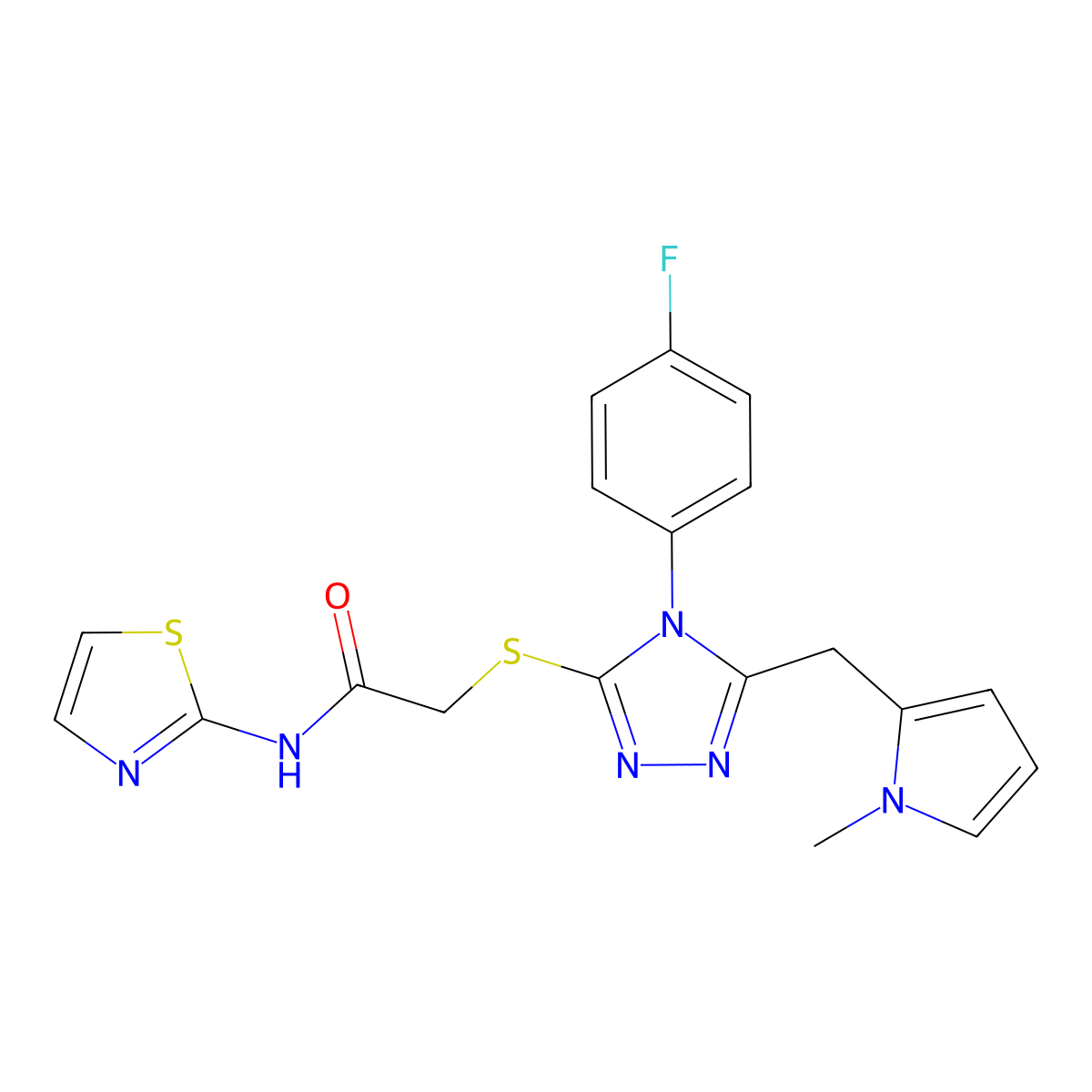 2-((4-(4-fluorophenyl)-5-((1-methyl-1H-pyrrol-2-yl)methyl)-4H-1,2,4-triazol-3-yl)thio)-N-(thiazol-2-yl)acetamide molecular structure, CAS 847394-18-7