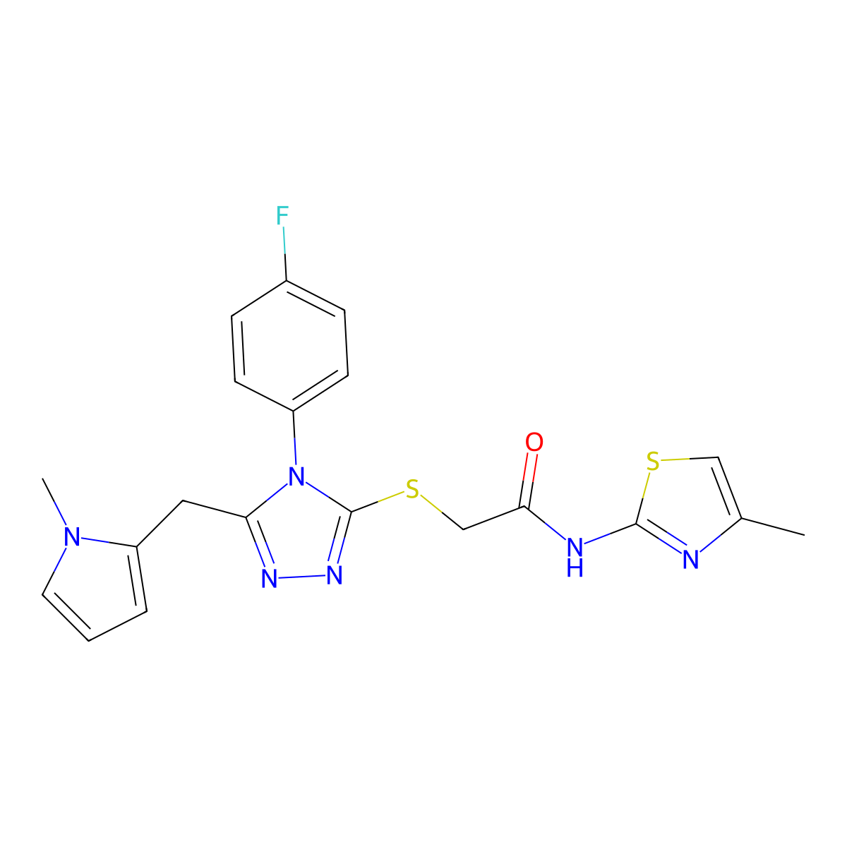 2-((4-(4-fluorophenyl)-5-((1-methyl-1H-pyrrol-2-yl)methyl)-4H-1,2,4-triazol-3-yl)thio)-N-(4-methylthiazol-2-yl)acetamide molecular structure, CAS 847394-19-8