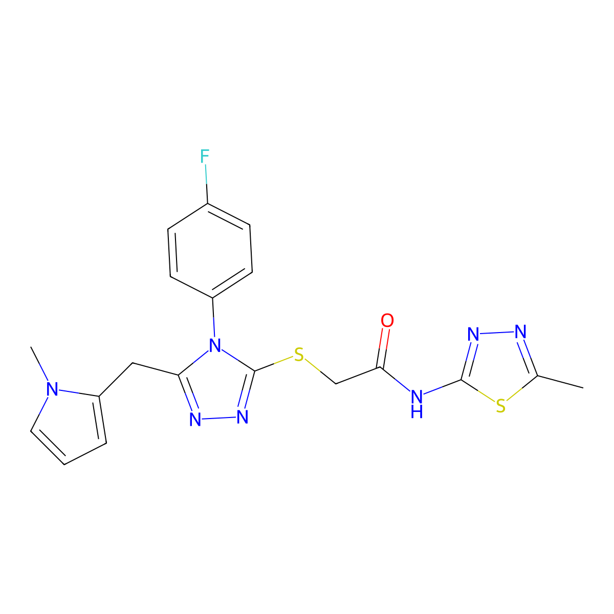 2-[[4-(4-fluorophenyl)-5-[(1-methylpyrrol-2-yl)methyl]-1,2,4-triazol-3-yl]sulfanyl]-N-(5-methyl-1,3,4-thiadiazol-2-yl)acetamide molecular structure, CAS 847394-20-1