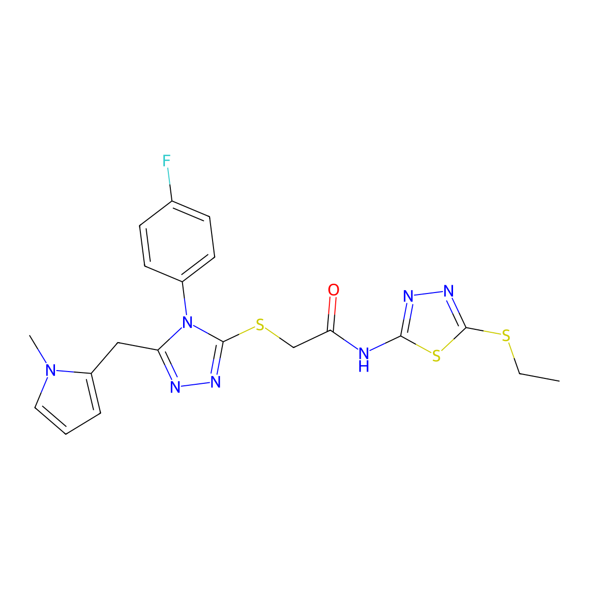 N-(5-ethylsulfanyl-1,3,4-thiadiazol-2-yl)-2-[[4-(4-fluorophenyl)-5-[(1-methylpyrrol-2-yl)methyl]-1,2,4-triazol-3-yl]sulfanyl]acetamide molecular structure, CAS 847394-22-3