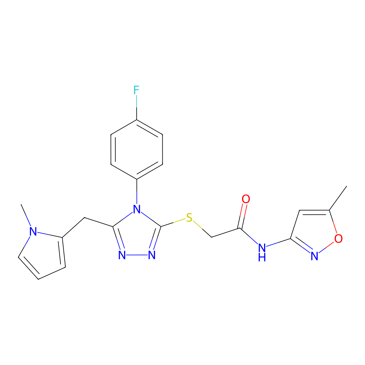 2-((4-(4-fluorophenyl)-5-((1-methyl-1H-pyrrol-2-yl)methyl)-4H-1,2,4-triazol-3-yl)thio)-N-(5-methylisoxazol-3-yl)acetamide molecular structure, CAS 847394-23-4