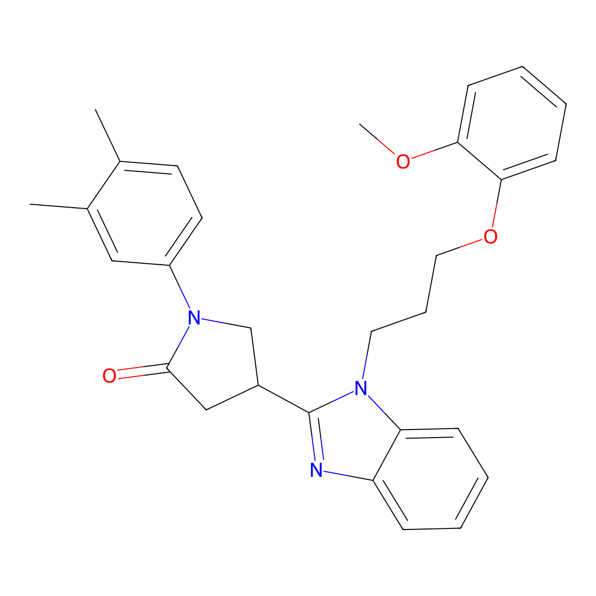 1-(3,4-dimethylphenyl)-4-(1-(3-(2-methoxyphenoxy)propyl)-1H-benzo[d]imidazol-2-yl)pyrrolidin-2-one molecular structure, CAS 847395-00-0
