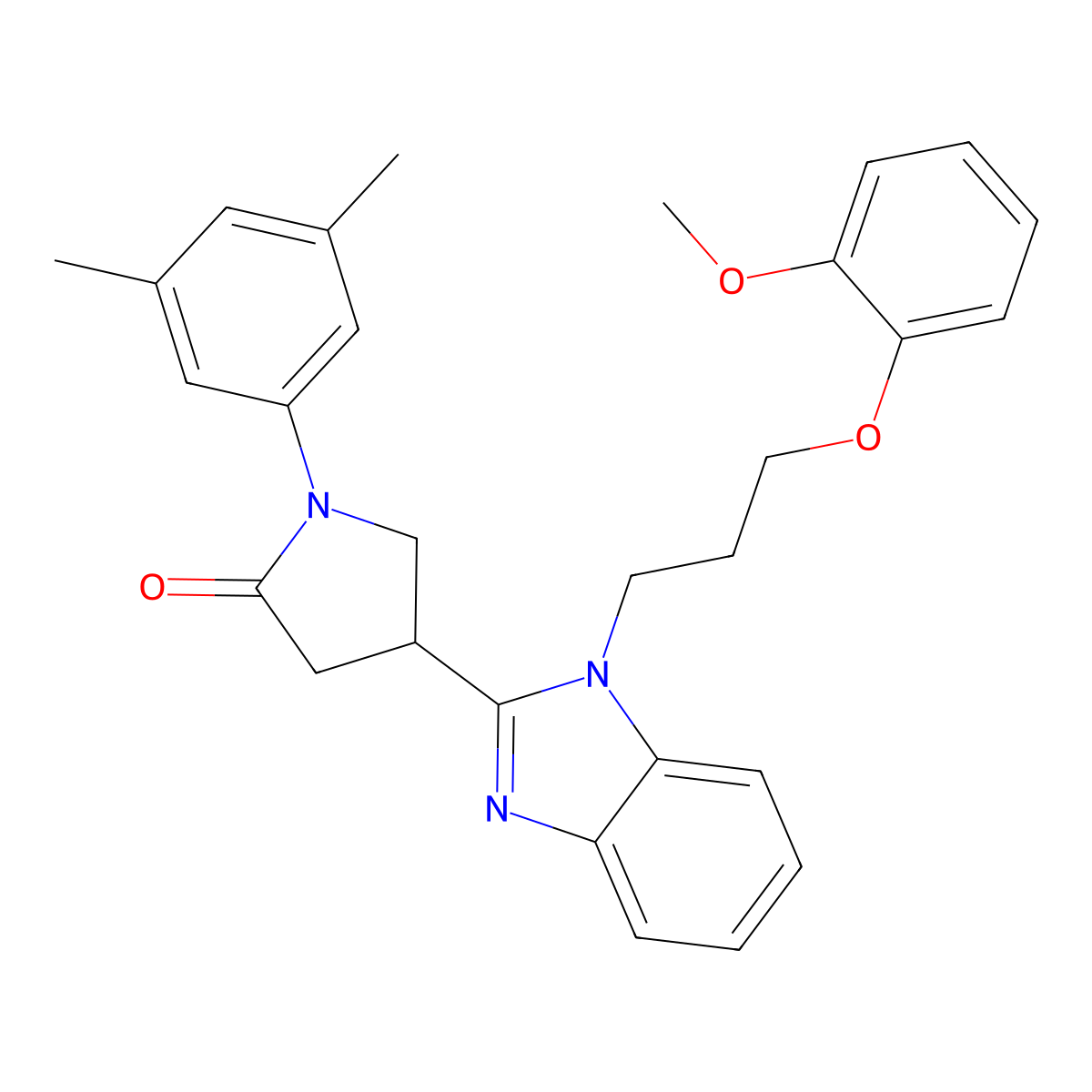 1-(3,5-dimethylphenyl)-4-(1-(3-(2-methoxyphenoxy)propyl)-1H-benzo[d]imidazol-2-yl)pyrrolidin-2-one molecular structure, CAS 847397-18-6