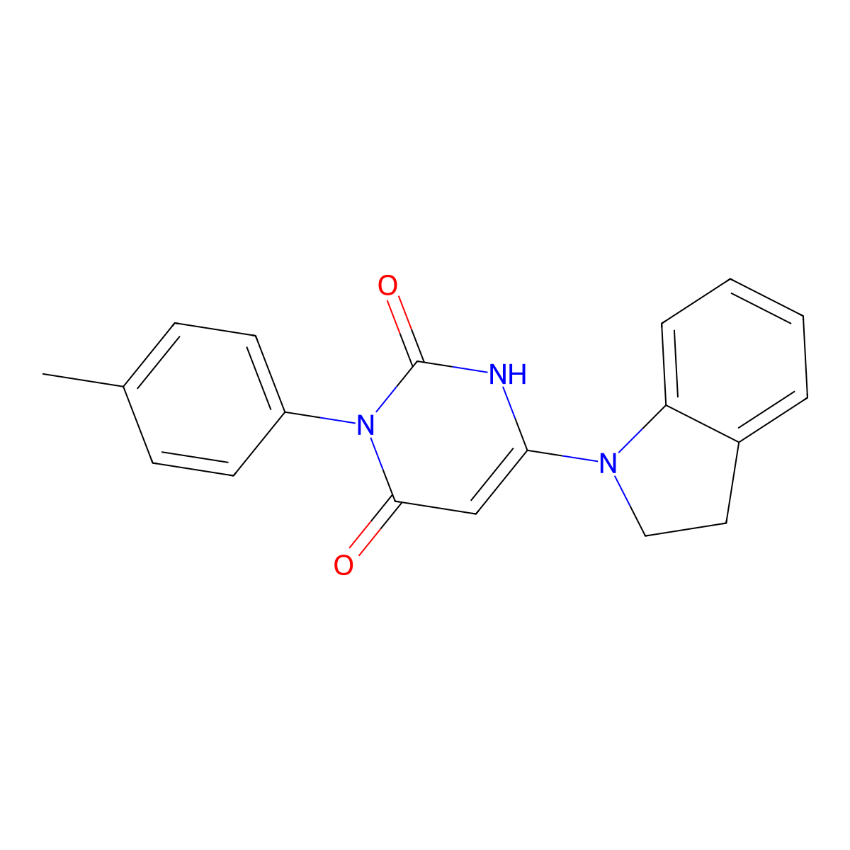 6-(indolin-1-yl)-3-(p-tolyl)pyrimidine-2,4(1H,3H)-dione molecular structure, CAS 847399-57-9