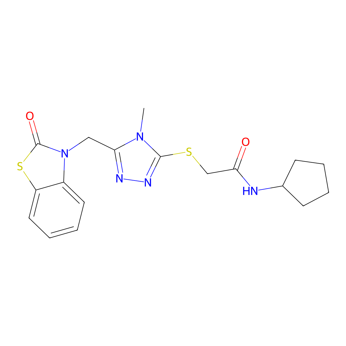 N-cyclopentyl-2-[[4-methyl-5-[(2-oxo-1,3-benzothiazol-3-yl)methyl]-1,2,4-triazol-3-yl]sulfanyl]acetamide molecular structure, CAS 847400-57-1