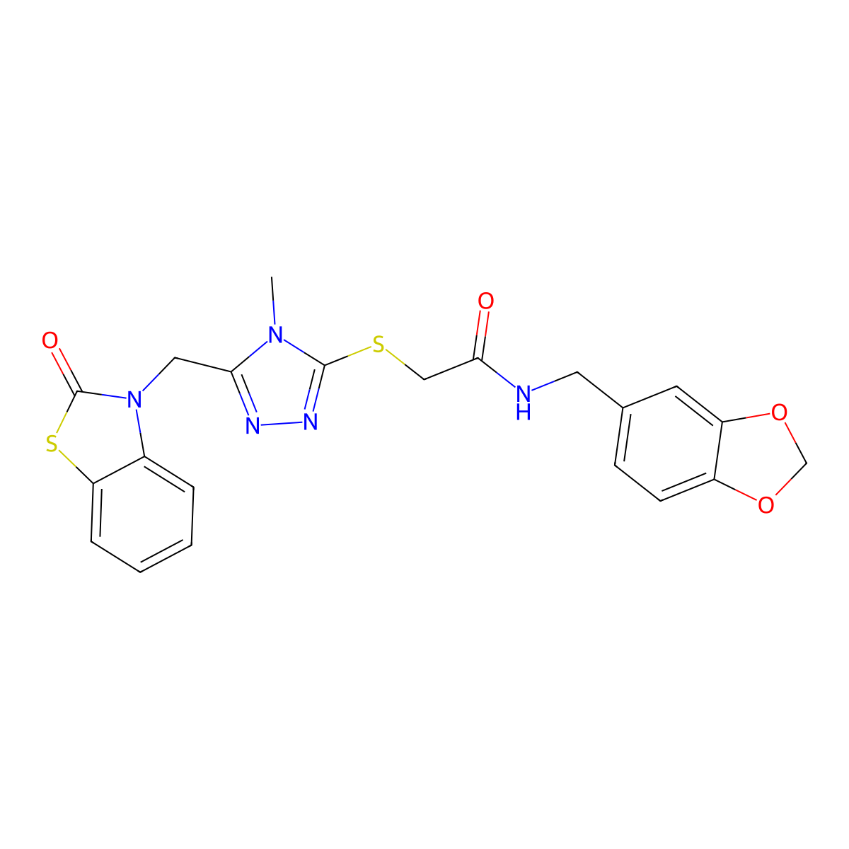 N-(benzo[d][1,3]dioxol-5-ylmethyl)-2-((4-methyl-5-((2-oxobenzo[d]thiazol-3(2H)-yl)methyl)-4H-1,2,4-triazol-3-yl)thio)acetamide molecular structure, CAS 847400-62-8