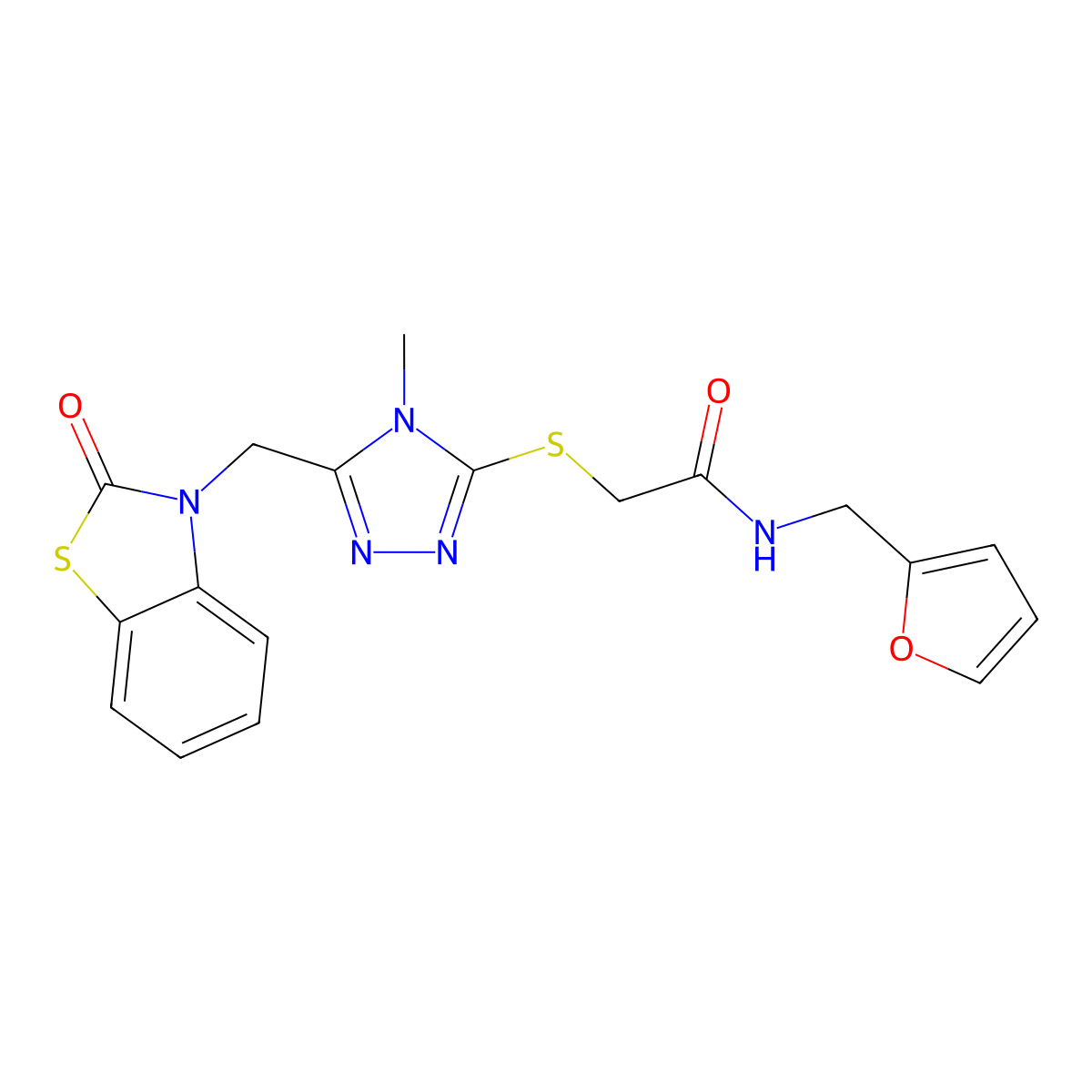 N-(furan-2-ylmethyl)-2-((4-methyl-5-((2-oxobenzo[d]thiazol-3(2H)-yl)methyl)-4H-1,2,4-triazol-3-yl)thio)acetamide molecular structure, CAS 847400-64-0