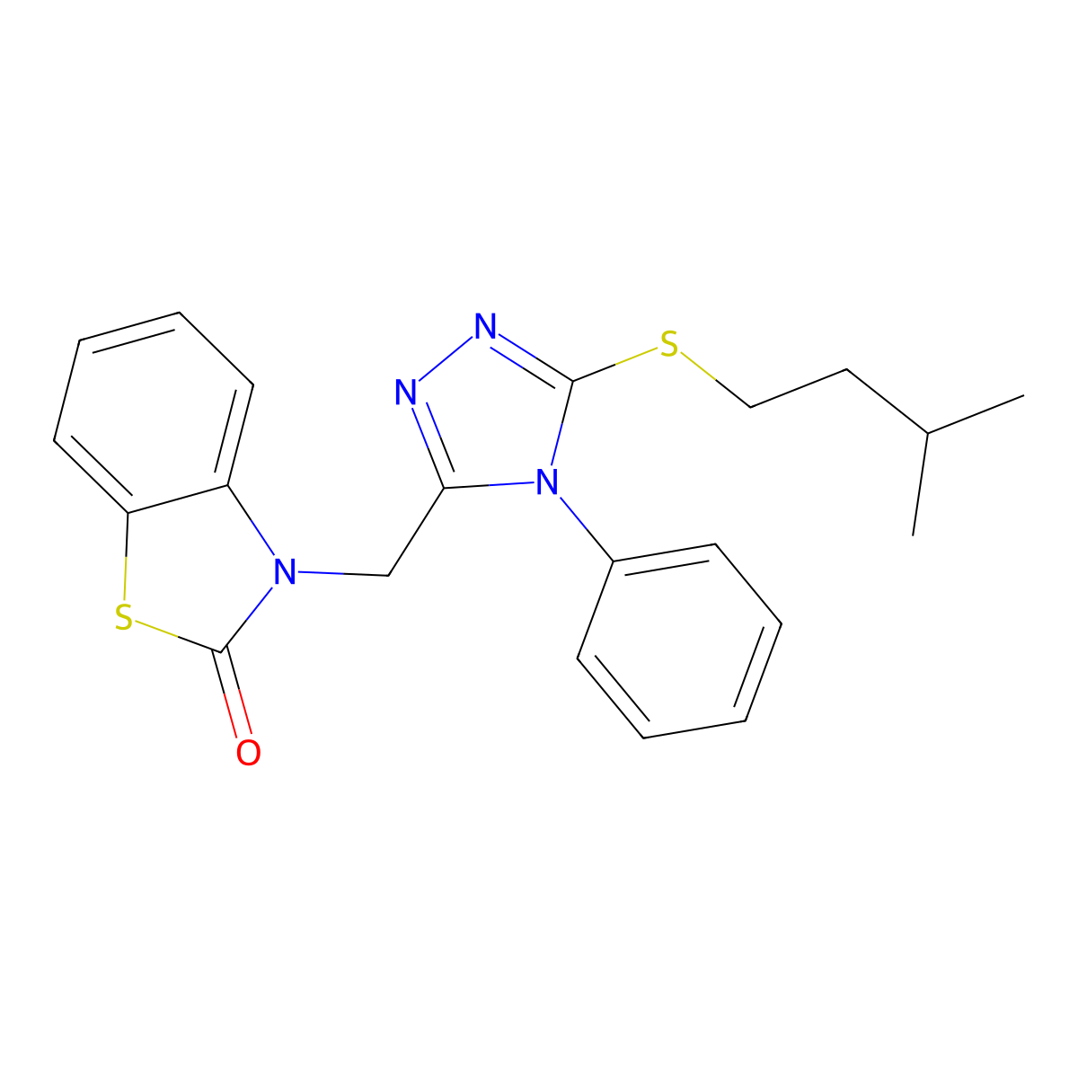 3-((5-(isopentylthio)-4-phenyl-4H-1,2,4-triazol-3-yl)methyl)benzo[d]thiazol-2(3H)-one molecular structure, CAS 847401-05-2