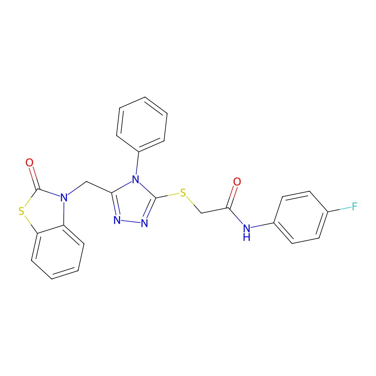 N-(4-fluorophenyl)-2-((5-((2-oxobenzo[d]thiazol-3(2H)-yl)methyl)-4-phenyl-4H-1,2,4-triazol-3-yl)thio)acetamide molecular structure, CAS 847402-05-5