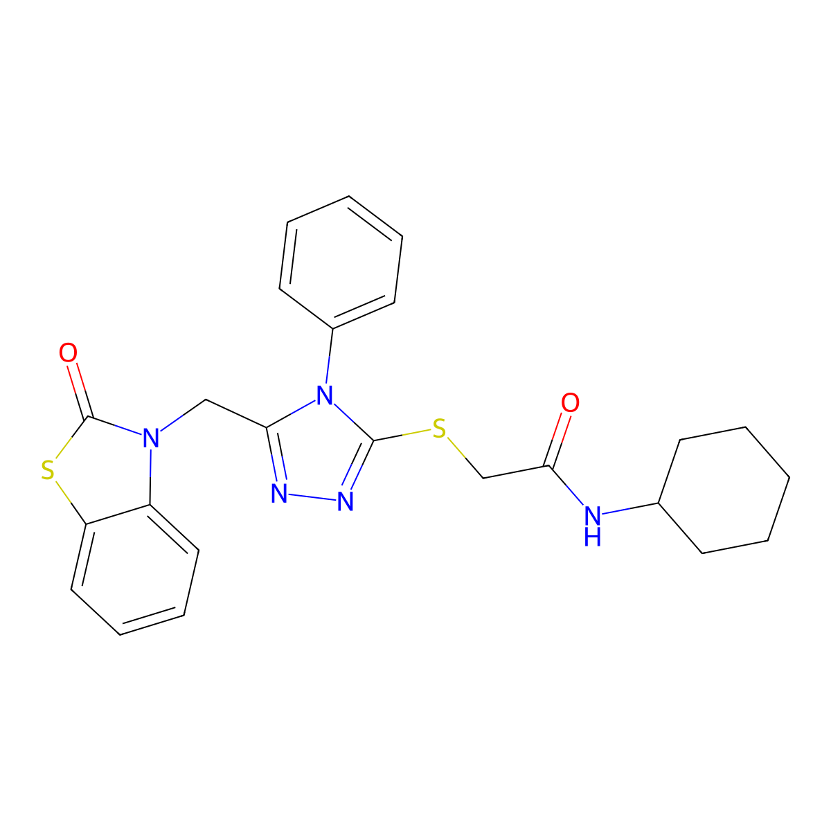 N-cyclohexyl-2-((5-((2-oxobenzo[d]thiazol-3(2H)-yl)methyl)-4-phenyl-4H-1,2,4-triazol-3-yl)thio)acetamide molecular structure, CAS 847402-07-7