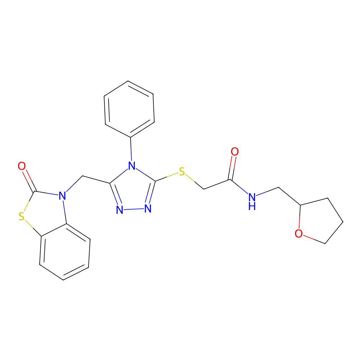 2-((5-((2-oxobenzo[d]thiazol-3(2H)-yl)methyl)-4-phenyl-4H-1,2,4-triazol-3-yl)thio)-N-((tetrahydrofuran-2-yl)methyl)acetamide molecular structure, CAS 847402-11-3
