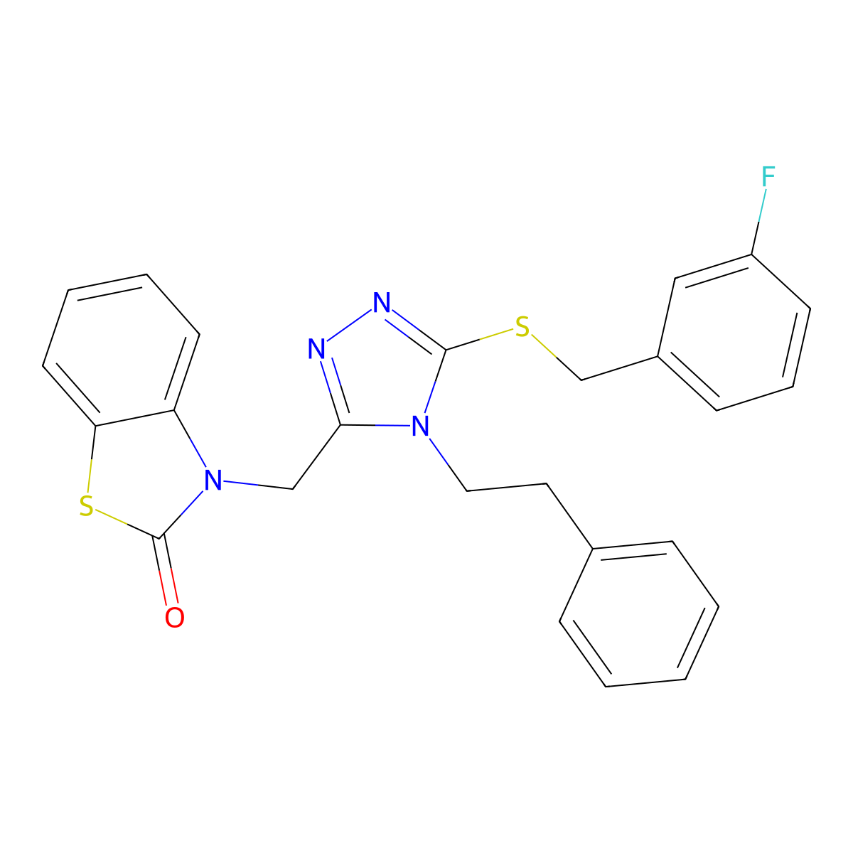 3-((5-((3-fluorobenzyl)thio)-4-phenethyl-4H-1,2,4-triazol-3-yl)methyl)benzo[d]thiazol-2(3H)-one molecular structure, CAS 847402-55-5