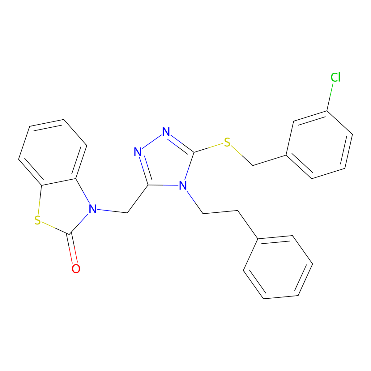 3-((5-((3-chlorobenzyl)thio)-4-phenethyl-4H-1,2,4-triazol-3-yl)methyl)benzo[d]thiazol-2(3H)-one molecular structure, CAS 847402-65-7
