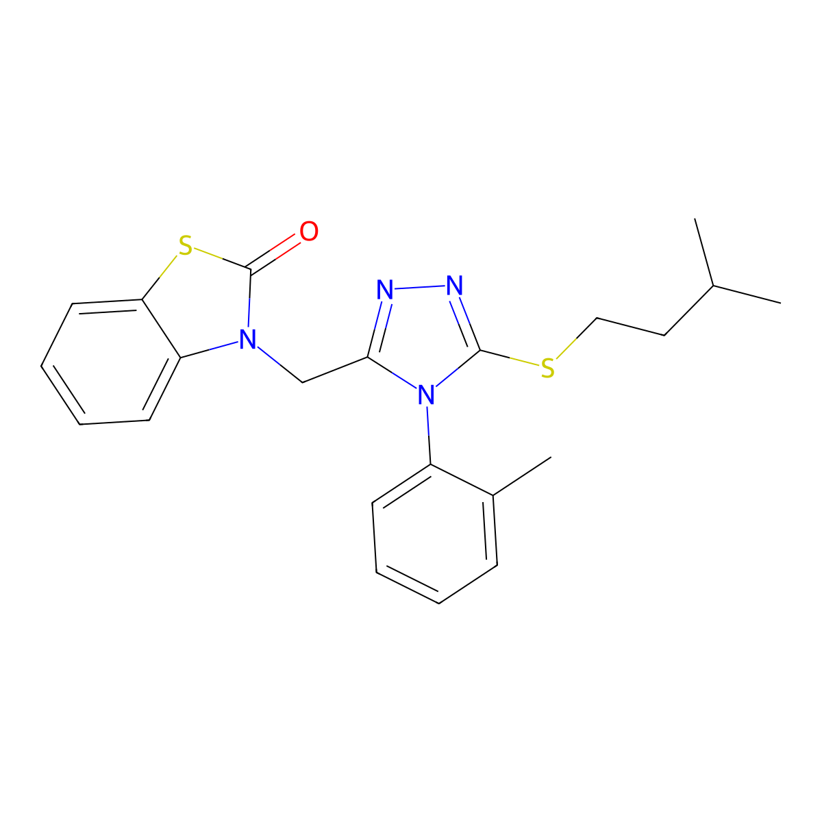 3-((5-(isopentylthio)-4-(o-tolyl)-4H-1,2,4-triazol-3-yl)methyl)benzo[d]thiazol-2(3H)-one molecular structure, CAS 847402-73-7