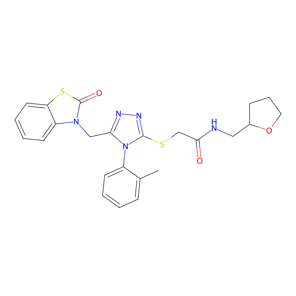 2-((5-((2-oxobenzo[d]thiazol-3(2H)-yl)methyl)-4-(o-tolyl)-4H-1,2,4-triazol-3-yl)thio)-N-((tetrahydrofuran-2-yl)methyl)acetamide molecular structure, CAS 847402-88-4