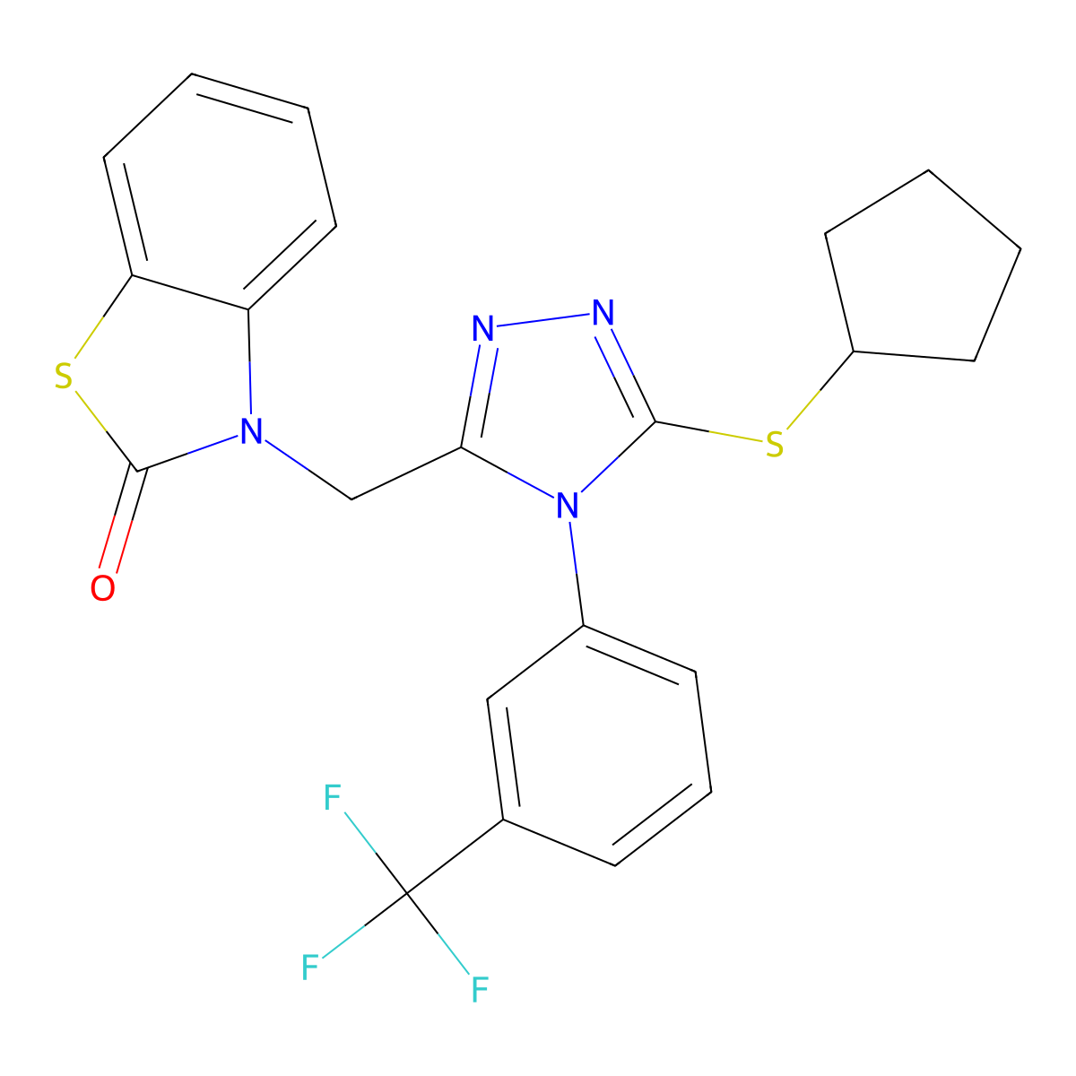 3-((5-(cyclopentylthio)-4-(3-(trifluoromethyl)phenyl)-4H-1,2,4-triazol-3-yl)methyl)benzo[d]thiazol-2(3H)-one molecular structure, CAS 847403-73-0