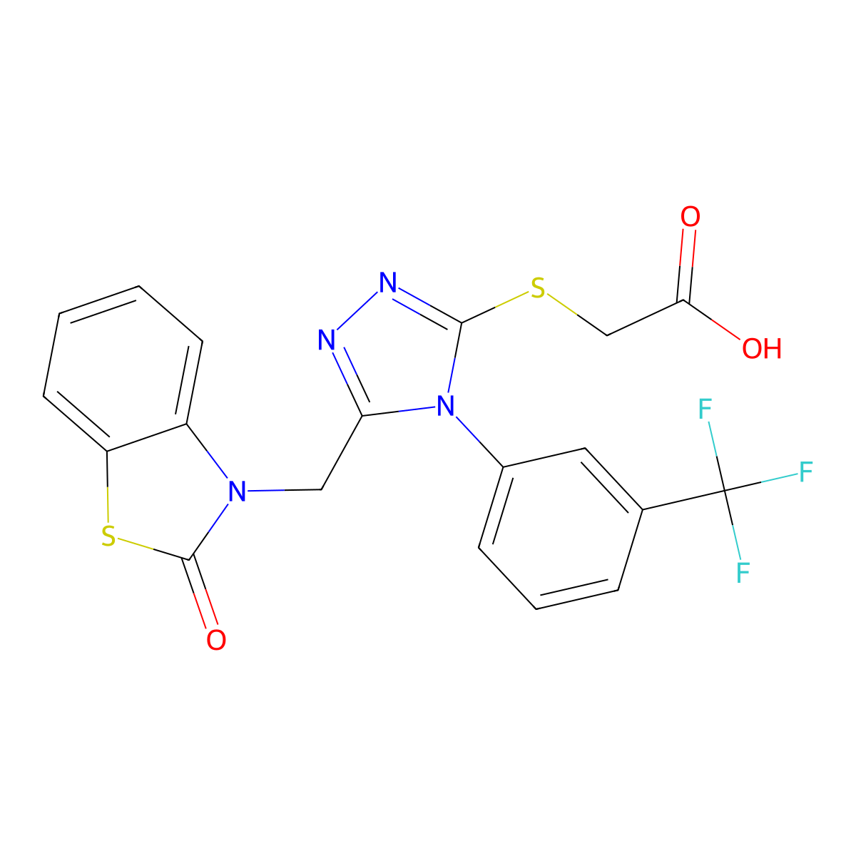 2-((5-((2-oxobenzo[d]thiazol-3(2H)-yl)methyl)-4-(3-(trifluoromethyl)phenyl)-4H-1,2,4-triazol-3-yl)thio)acetic acid molecular structure, CAS 847403-79-6