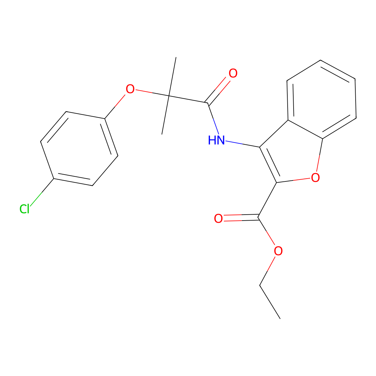 Ethyl 3-(2-(4-chlorophenoxy)-2-methylpropanamido)benzofuran-2-carboxylate molecular structure, CAS 847405-99-6