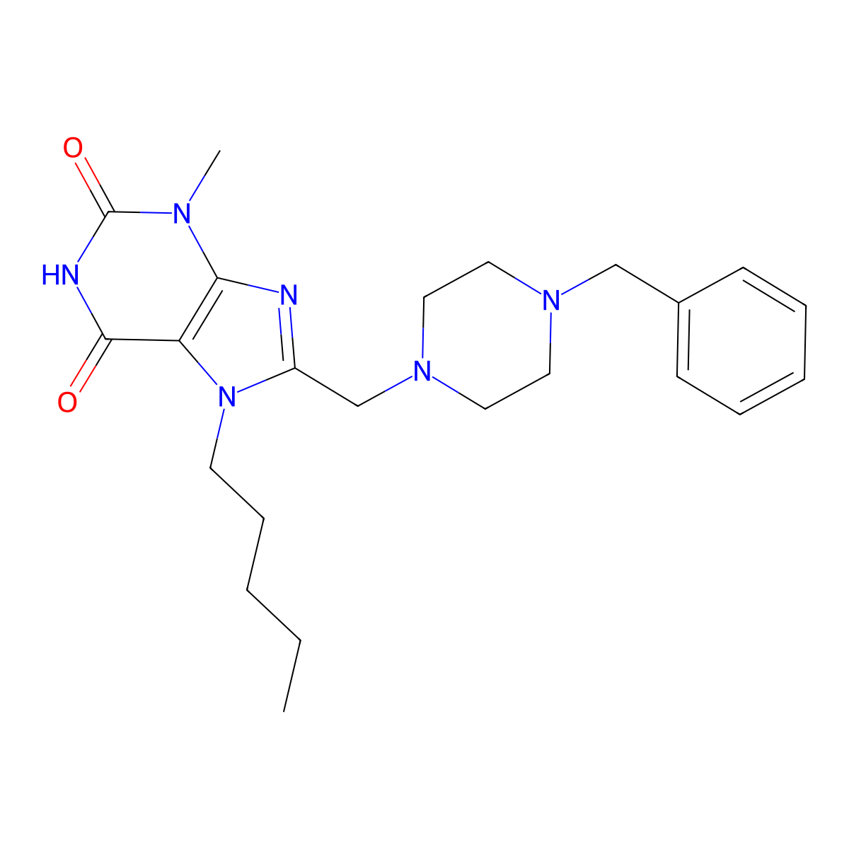8-[(4-benzylpiperazin-1-yl)methyl]-3-methyl-7-pentyl-3,7-dihydro-1H-purine-2,6-dione molecular structure, CAS 847407-64-1