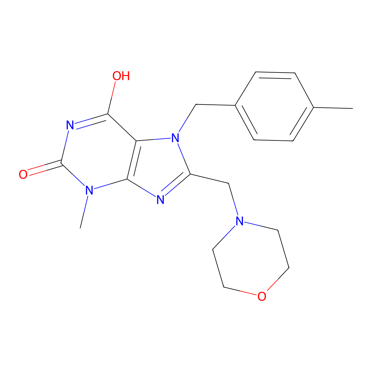 3-methyl-7-(4-methylbenzyl)-8-(morpholin-4-ylmethyl)-3,7-dihydro-1H-purine-2,6-dione molecular structure, CAS 847407-91-4