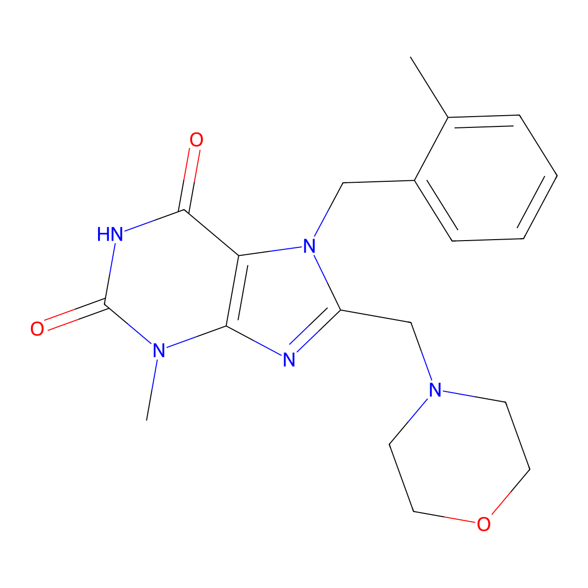 3-methyl-7-(2-methylbenzyl)-8-(morpholin-4-ylmethyl)-3,7-dihydro-1H-purine-2,6-dione molecular structure, CAS 847408-00-8