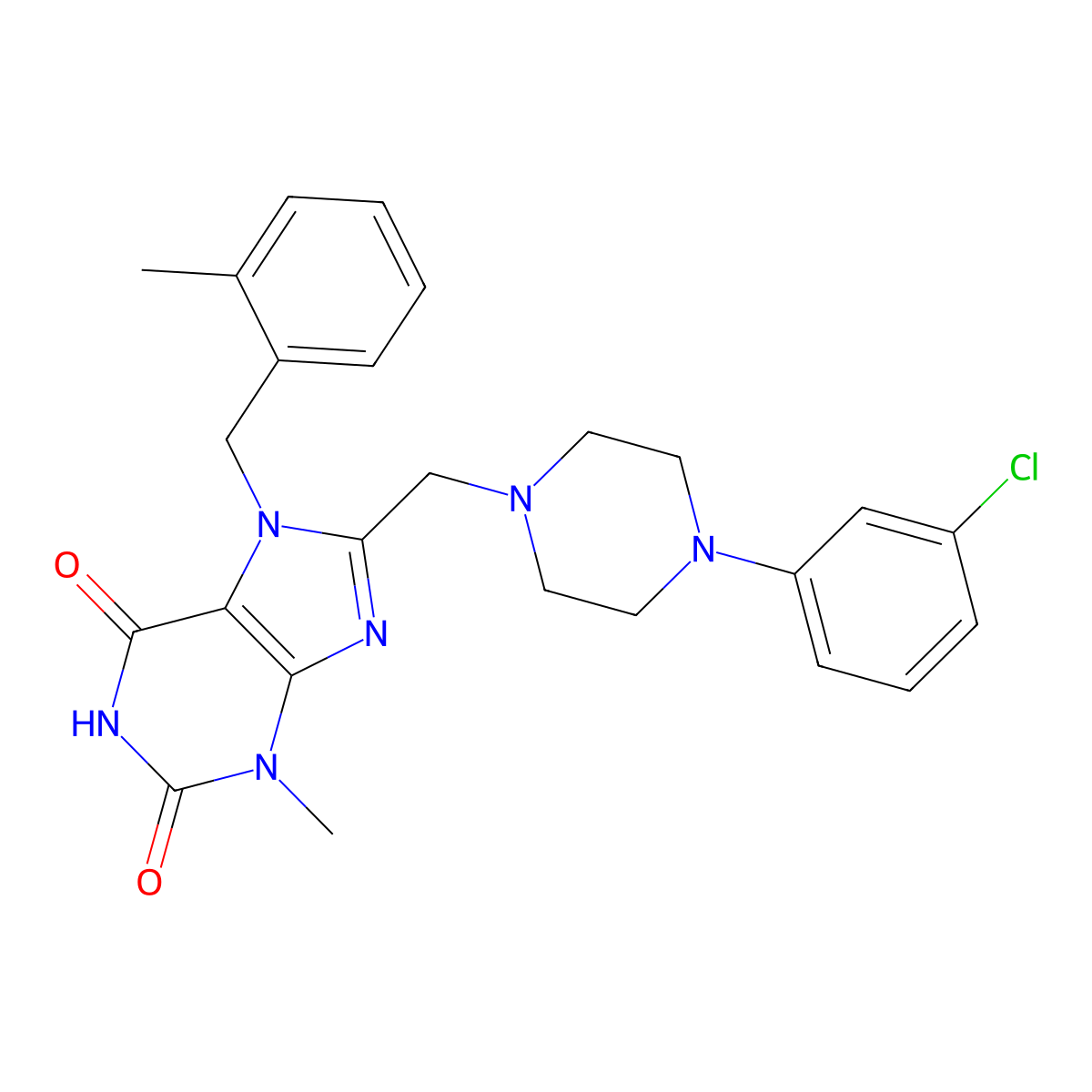 8-[[4-(3-Chlorophenyl)piperazin-1-yl]methyl]-3-methyl-7-[(2-methylphenyl)methyl]purine-2,6-dione molecular structure, CAS 847408-03-1