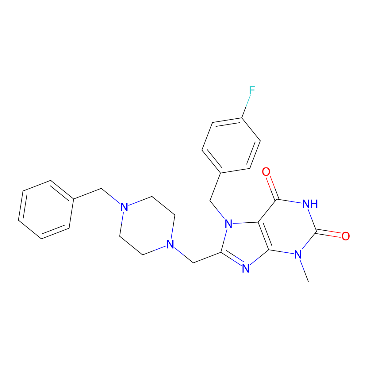 8-[(4-benzylpiperazin-1-yl)methyl]-7-[(4-fluorophenyl)methyl]-3-methyl-2,3,6,7-tetrahydro-1H-purine-2,6-dione molecular structure, CAS 847408-15-5