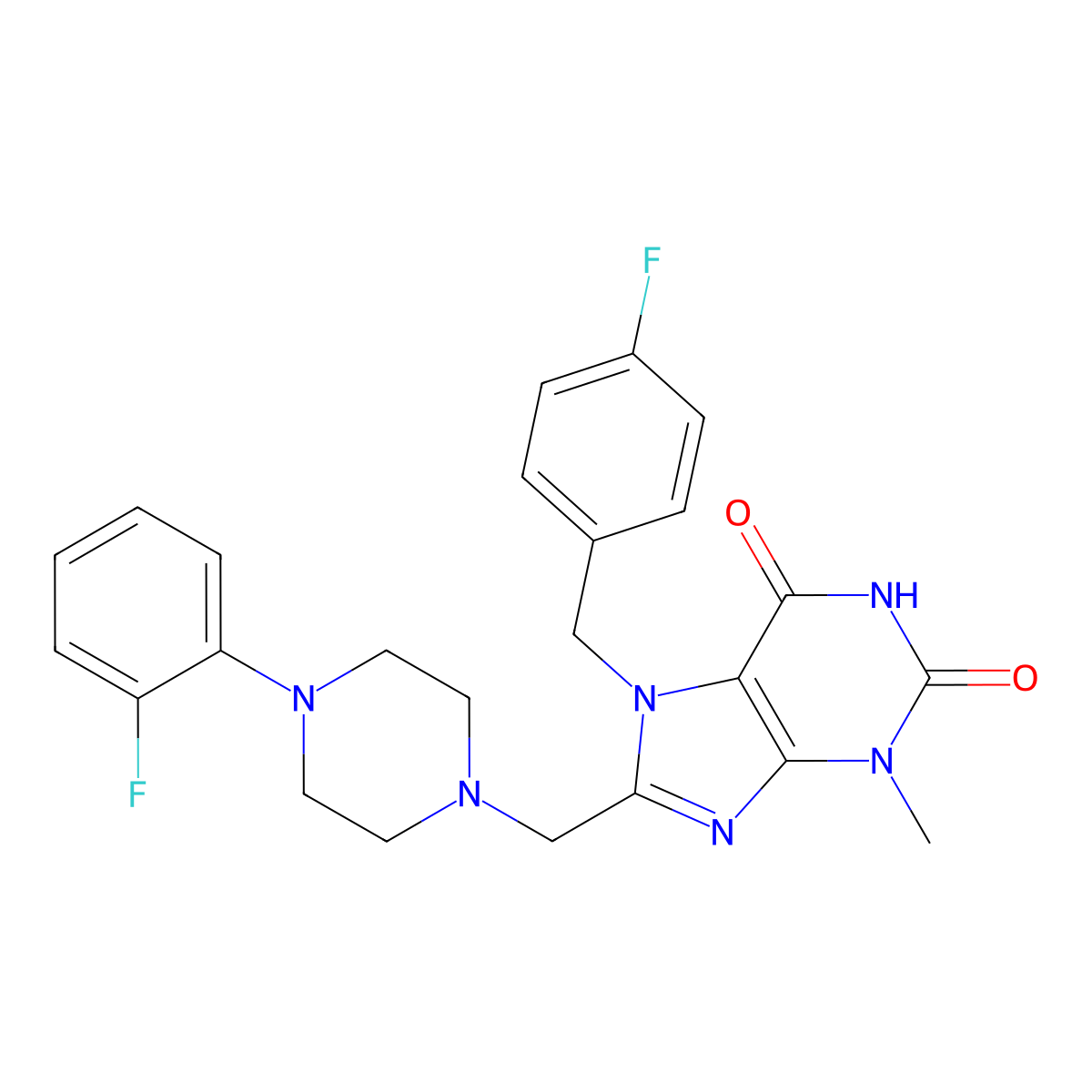 7-[(4-fluorophenyl)methyl]-8-{[4-(2-fluorophenyl)piperazin-1-yl]methyl}-3-methyl-2,3,6,7-tetrahydro-1H-purine-2,6-dione molecular structure, CAS 847408-21-3
