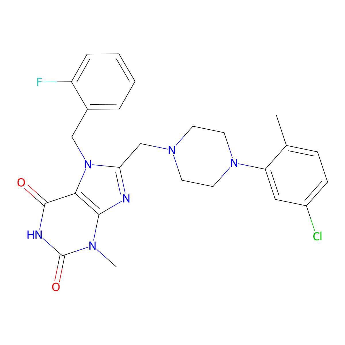 8-[[4-(5-Chloro-2-methylphenyl)piperazin-1-yl]methyl]-7-[(2-fluorophenyl)methyl]-3-methylpurine-2,6-dione molecular structure, CAS 847408-36-0