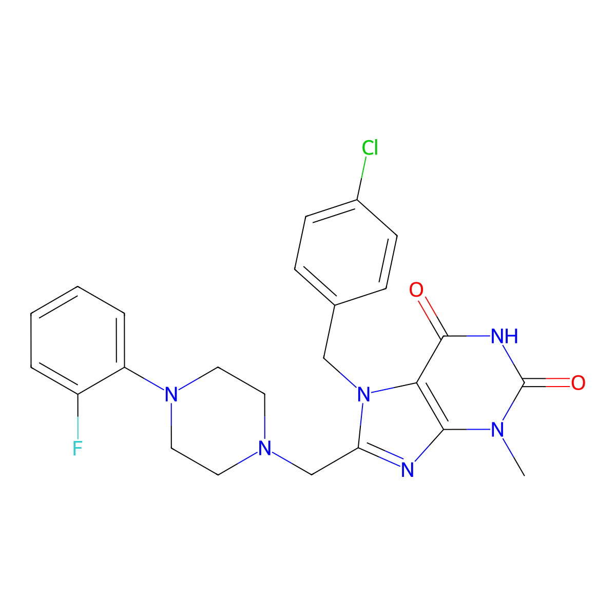 7-[(4-chlorophenyl)methyl]-8-{[4-(2-fluorophenyl)piperazin-1-yl]methyl}-3-methyl-2,3,6,7-tetrahydro-1H-purine-2,6-dione molecular structure, CAS 847408-45-1