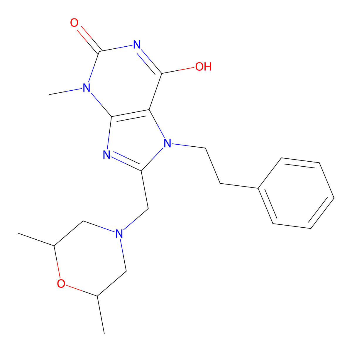 8-[(2,6-dimethylmorpholin-4-yl)methyl]-6-hydroxy-3-methyl-7-(2-phenylethyl)-3,7-dihydro-2H-purin-2-one molecular structure, CAS 847408-78-0