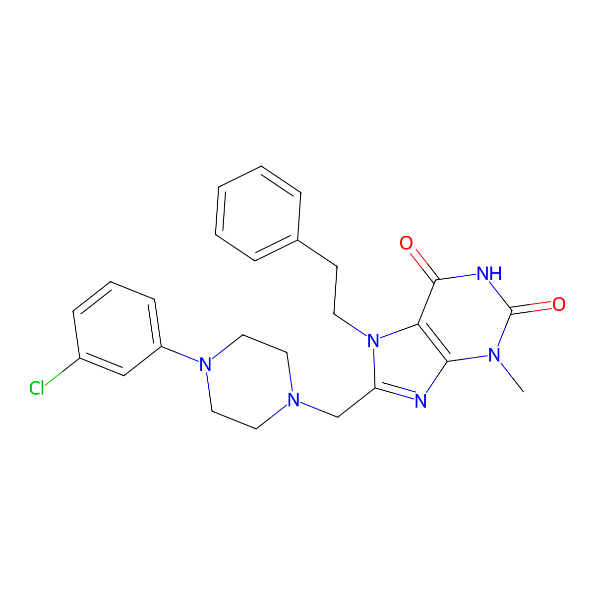 8-{[4-(3-chlorophenyl)piperazin-1-yl]methyl}-3-methyl-7-(2-phenylethyl)-3,7-dihydro-1H-purine-2,6-dione molecular structure, CAS 847408-90-6