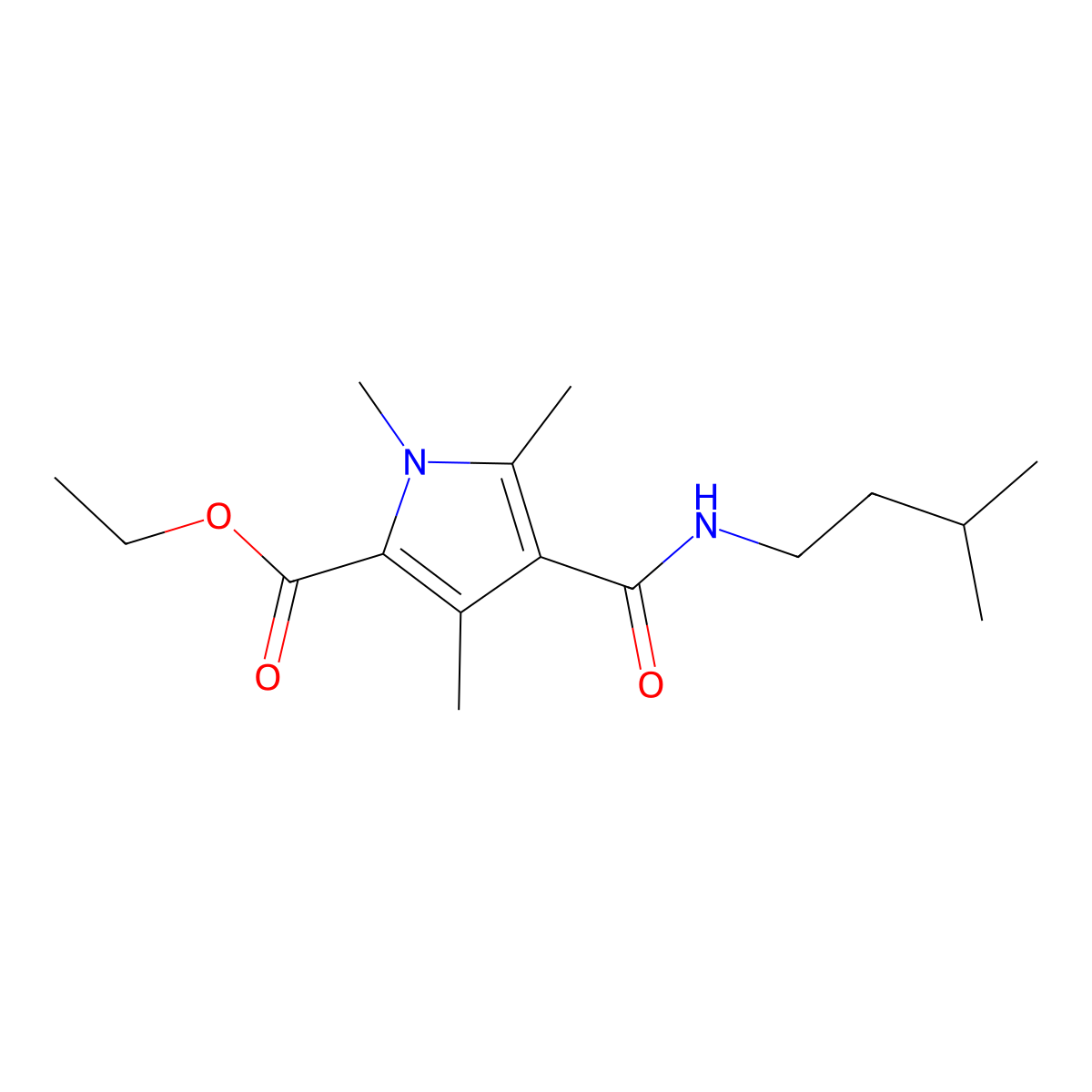 Ethyl 1,3,5-trimethyl-4-(3-methylbutylcarbamoyl)pyrrole-2-carboxylate molecular structure, CAS 847462-52-6