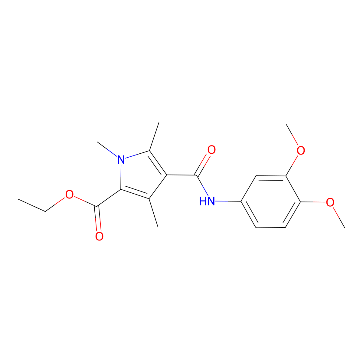 ethyl 4-((3,4-dimethoxyphenyl)carbamoyl)-1,3,5-trimethyl-1H-pyrrole-2-carboxylate molecular structure, CAS 847463-44-9