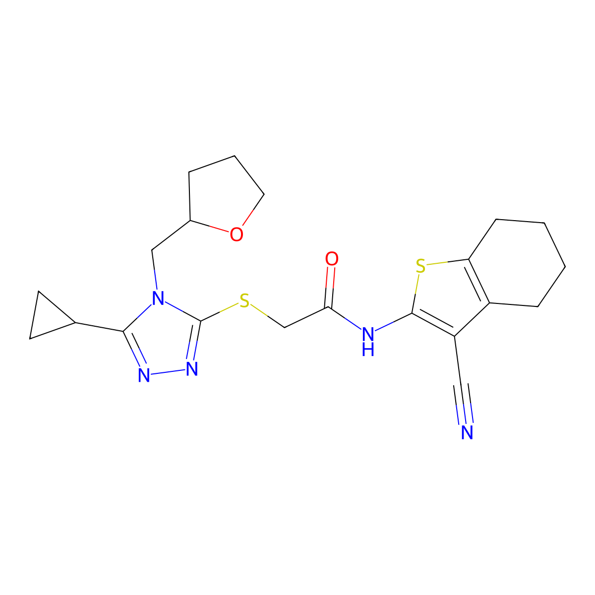 N-(3-cyano-4,5,6,7-tetrahydro-1-benzothiophen-2-yl)-2-{[5-cyclopropyl-4-(tetrahydrofuran-2-ylmethyl)-4H-1,2,4-triazol-3-yl]sulfanyl}acetamide molecular structure, CAS 847473-84-1
