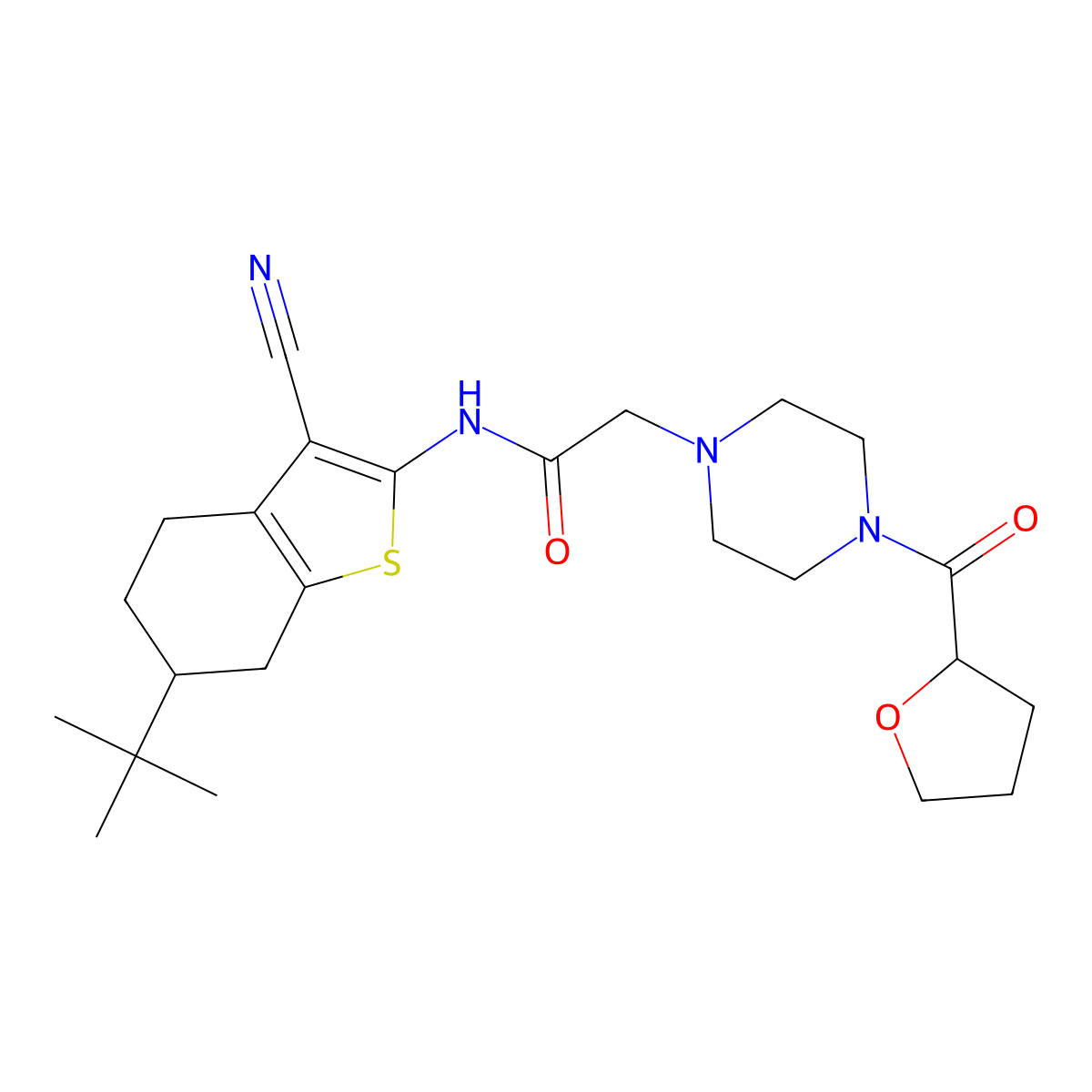N-(6-tert-butyl-3-cyano-4,5,6,7-tetrahydro-1-benzothiophen-2-yl)-2-[4-(tetrahydrofuran-2-ylcarbonyl)piperazin-1-yl]acetamide molecular structure, CAS 847474-24-2