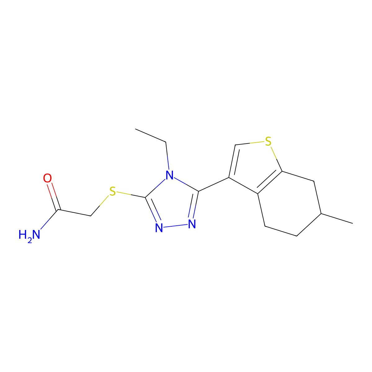 2-{[4-ethyl-5-(6-methyl-4,5,6,7-tetrahydro-1-benzothiophen-3-yl)-4H-1,2,4-triazol-3-yl]sulfanyl}acetamide molecular structure, CAS 847475-85-8