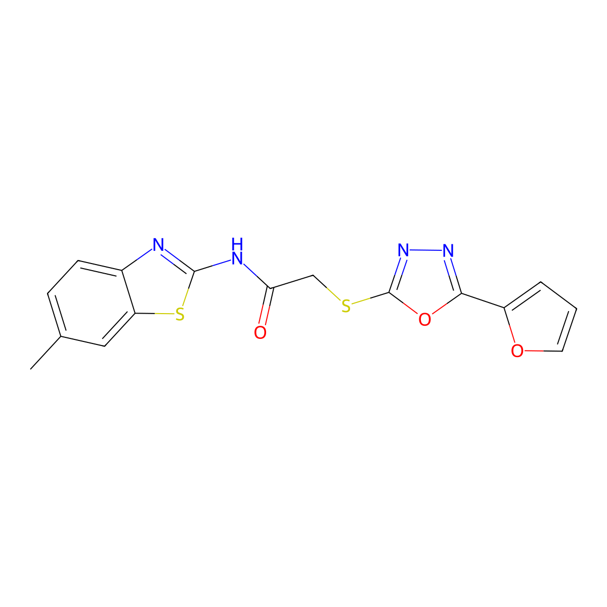 2-{[5-(furan-2-yl)-1,3,4-oxadiazol-2-yl]sulfanyl}-N-(6-methyl-1,3-benzothiazol-2-yl)acetamide molecular structure, CAS 847476-98-6