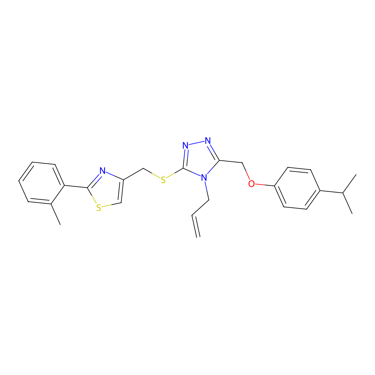 3-({[2-(2-methylphenyl)-1,3-thiazol-4-yl]methyl}sulfanyl)-5-{[4-(propan-2-yl)phenoxy]methyl}-4-(prop-2-en-1-yl)-4H-1,2,4-triazole molecular structure, CAS 847477-22-9