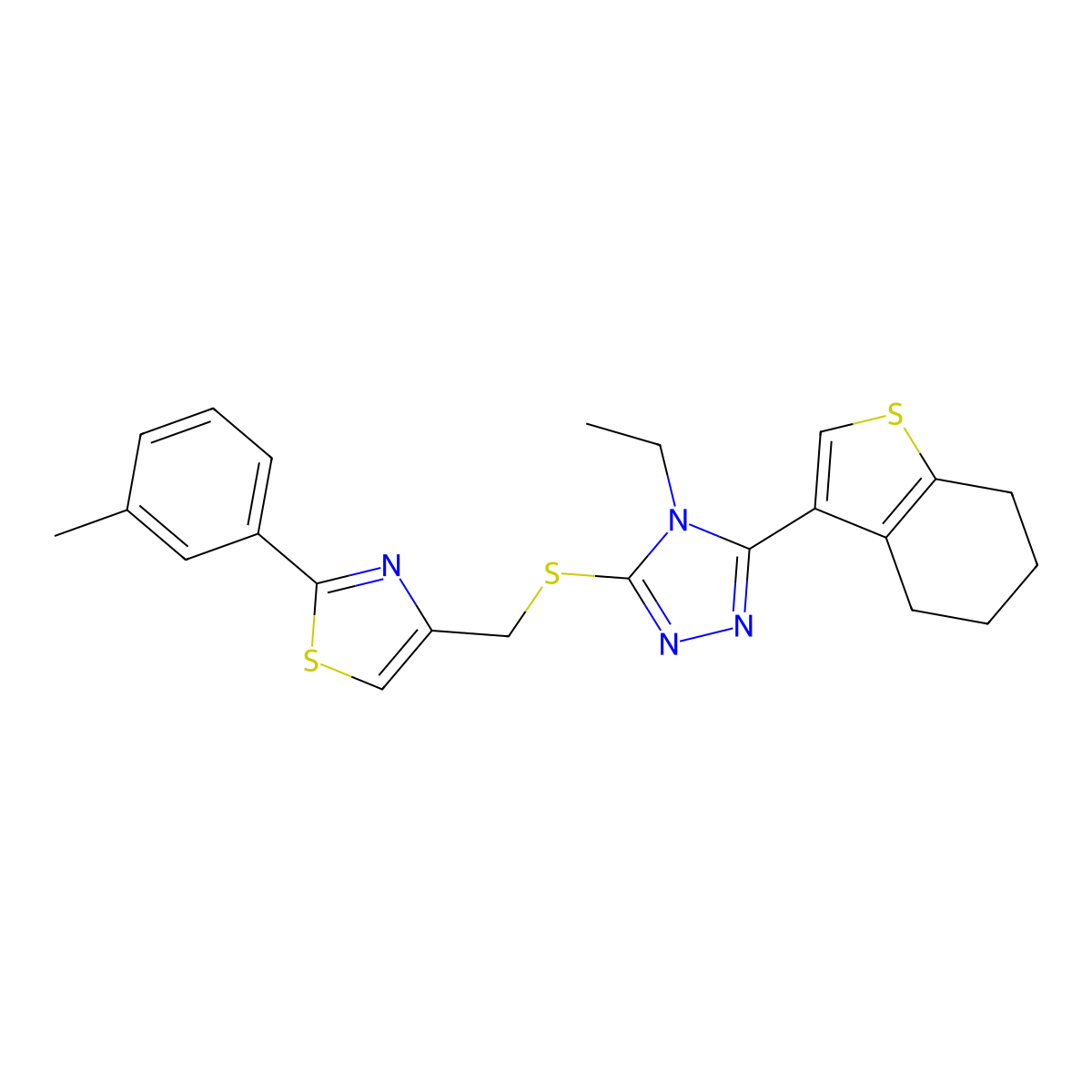 4-ethyl-3-({[2-(3-methylphenyl)-1,3-thiazol-4-yl]methyl}sulfanyl)-5-(4,5,6,7-tetrahydro-1-benzothiophen-3-yl)-4H-1,2,4-triazole molecular structure, CAS 847478-12-0