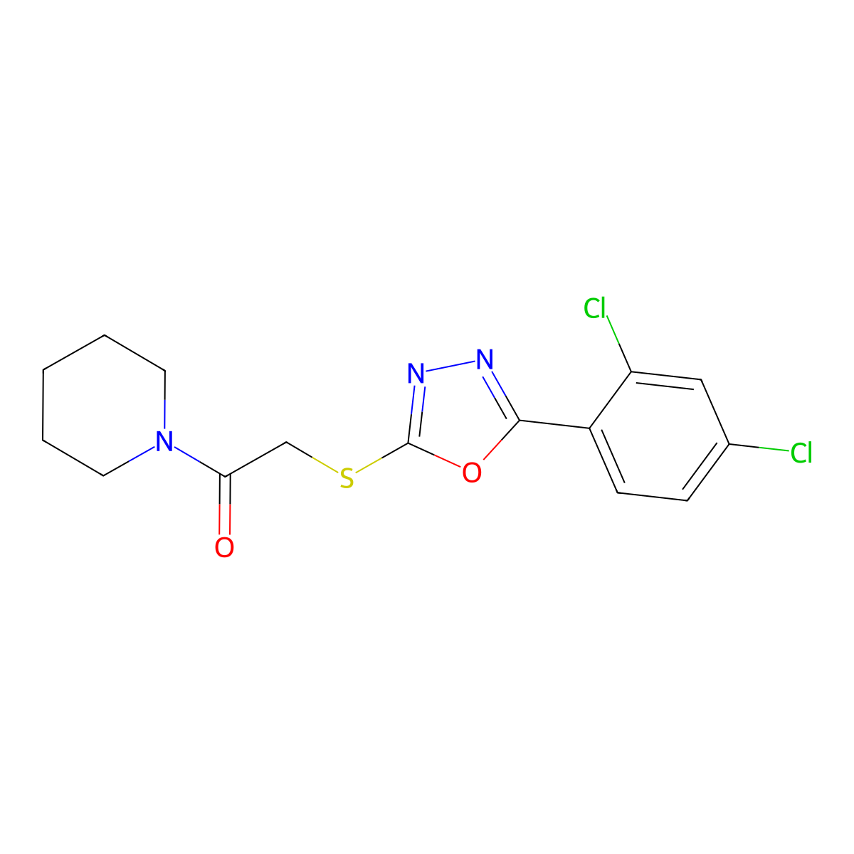 2-[[5-(2,4-Dichlorophenyl)-1,3,4-oxadiazol-2-yl]sulfanyl]-1-piperidin-1-ylethanone molecular structure, CAS 847480-46-0