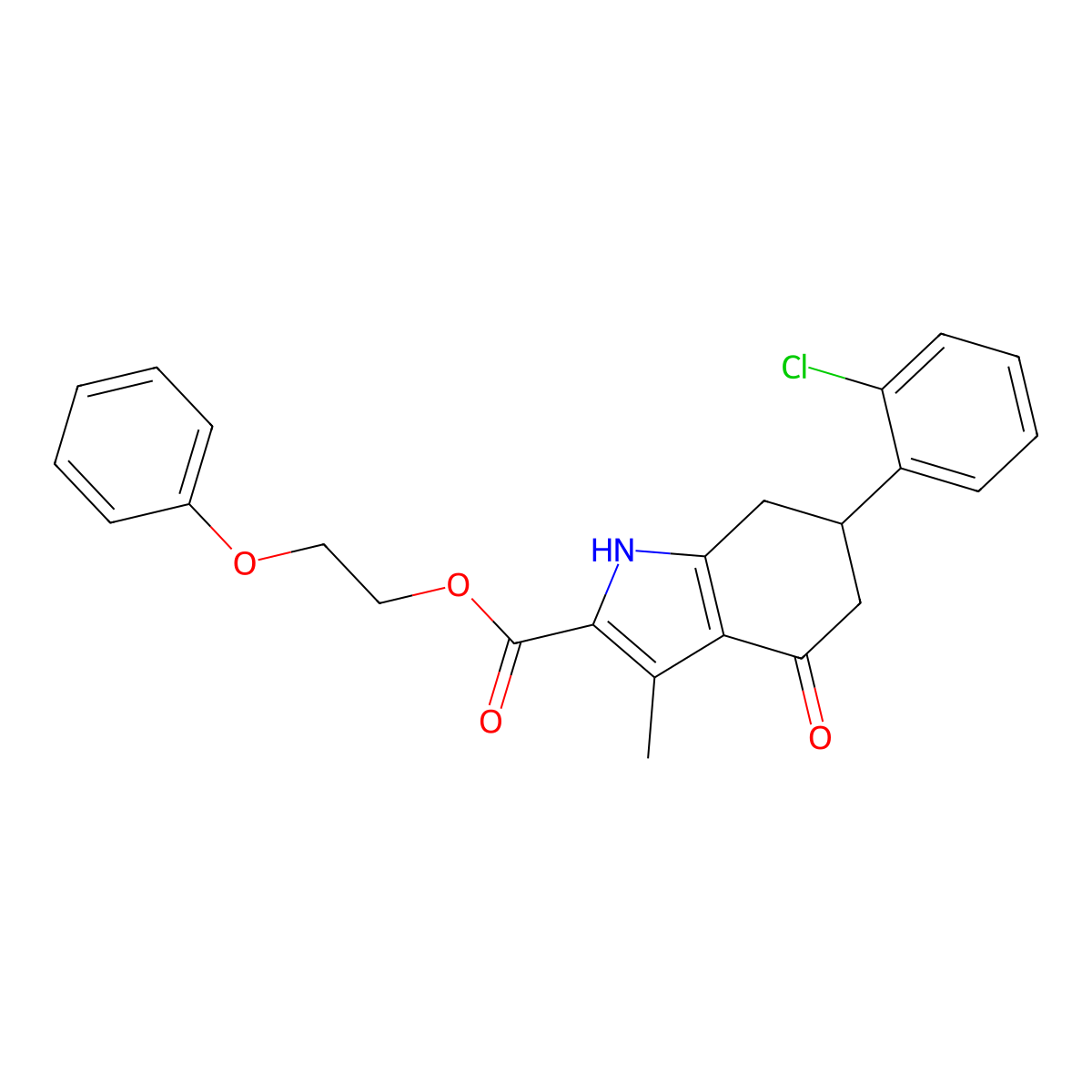 2-phenoxyethyl 6-(2-chlorophenyl)-3-methyl-4-oxo-4,5,6,7-tetrahydro-1H-indole-2-carboxylate molecular structure, CAS 847482-39-7